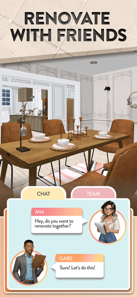 House Flip - A 3D dining room interior in House Flip showing the social chat feature to renovate with friends