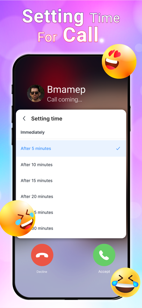 Idol Prank Call - Chat & Video - A mobile app interface showing the schedule call feature with several time delay options for a prank call
