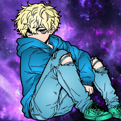 a male hoddie ripped jeans messy hair anime