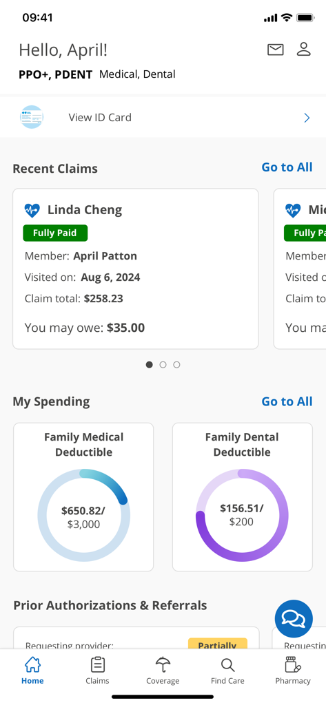 Dashboard of the BCBSIL app showing medical insurance claims and deductible progress bars