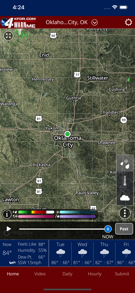 4WarnMe - 4WarnMe app displaying a weather radar map and local forecast for Oklahoma City