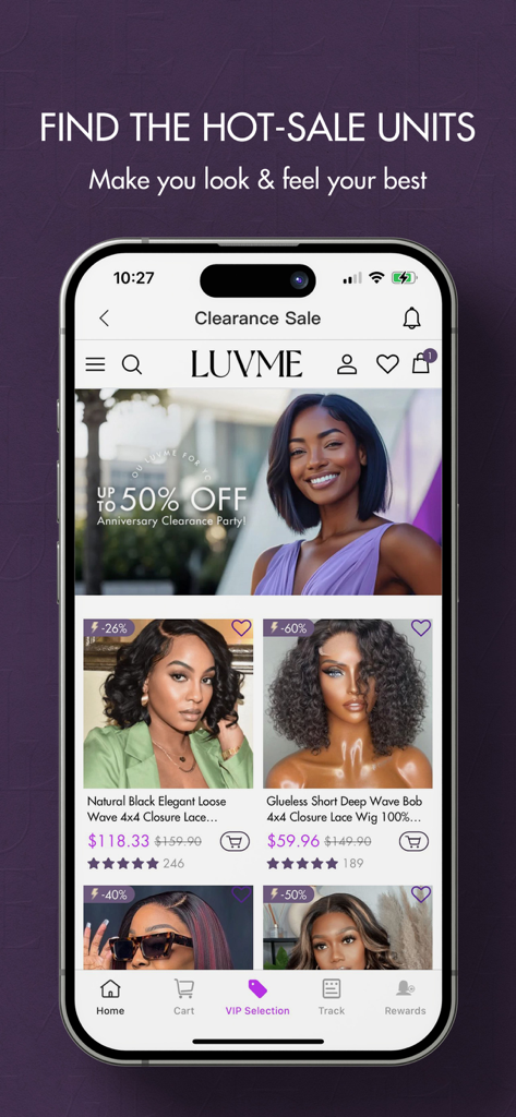 LuvmeHair - LuvmeHair mobile app showing human hair wig clearance sale