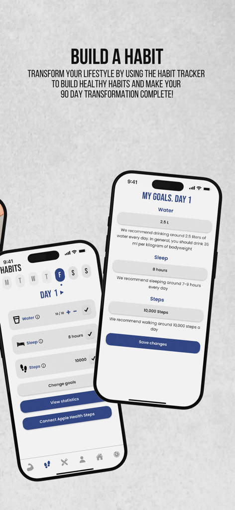 Habit tracker interface in the 90 Day Challenge app showing daily goals for water sleep and steps