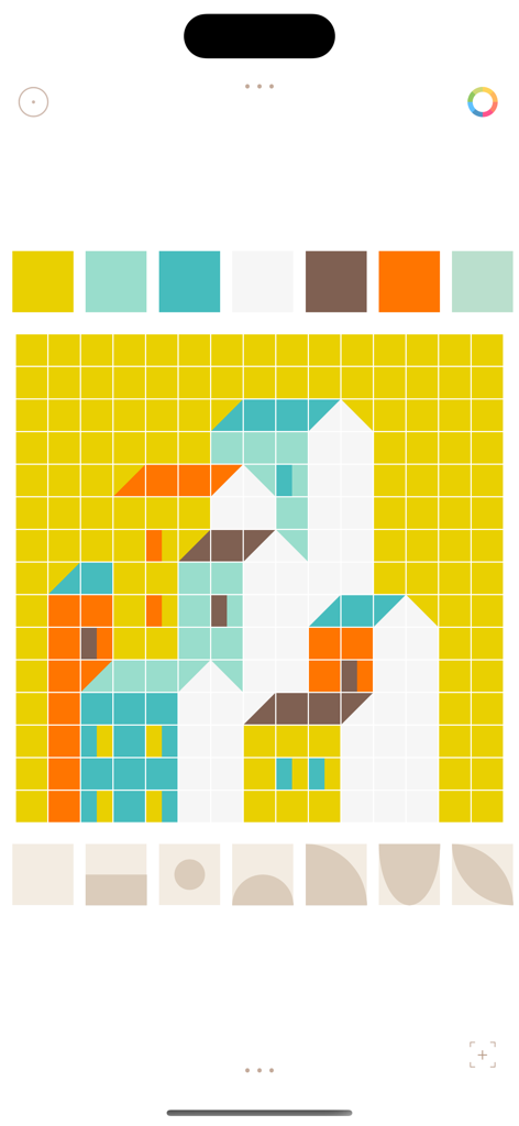 A minimalist pixel art interface in New Pixels showing a colorful geometric illustration of houses on a yellow grid.