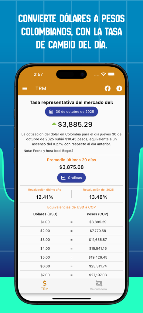 Dollar in Colombia - Interfaccia dell'app mobile che mostra il tasso di cambio ufficiale da dollaro USA a peso colombiano e la tabella di equivalenza