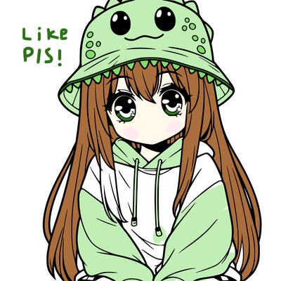 girl with anime shaped eyes with a dinosaur bucket hat oversized sweatshirt long straight hair