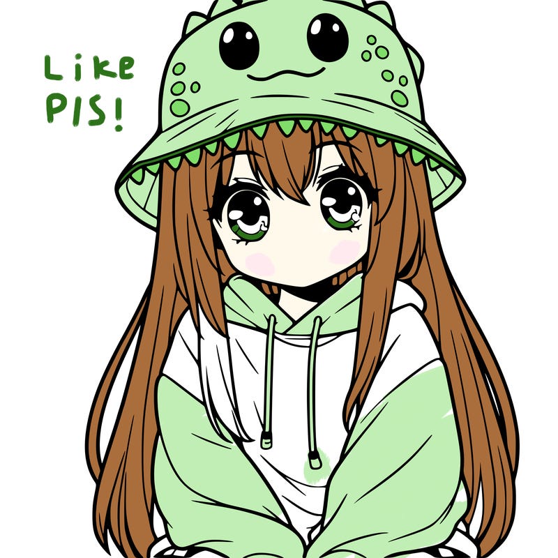 girl with anime shaped eyes with a dinosaur bucket hat oversized sweatshirt long straight hair