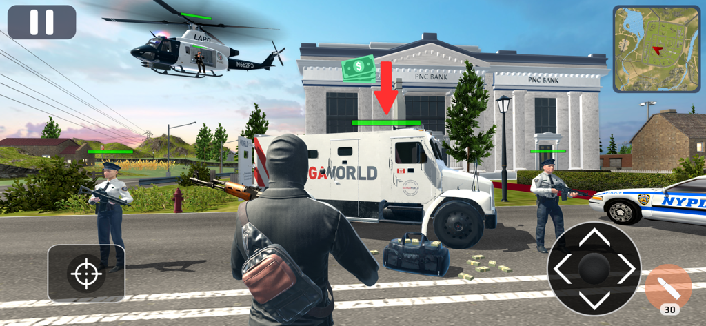Police vs Gangster Crime City - A gangster robbing an armored bank truck while surrounded by police and a helicopter
