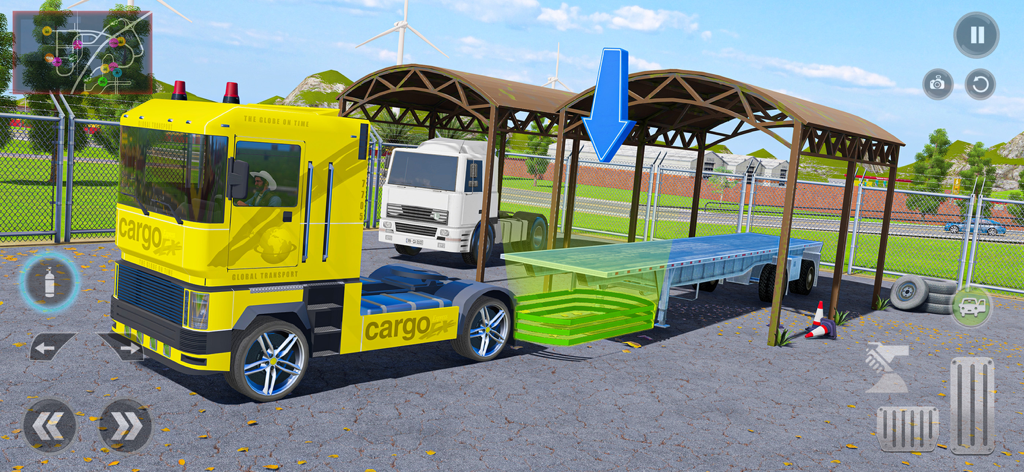 Truck Driving Games Simulator - A yellow cargo truck cabin preparing to attach a trailer in a technical driving simulation game.