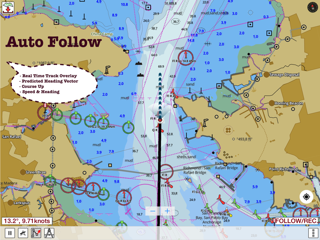 i-Boating:HD Gps Marine Charts - i-Boating app screen showing marine chart with auto-follow and real-time navigation data
