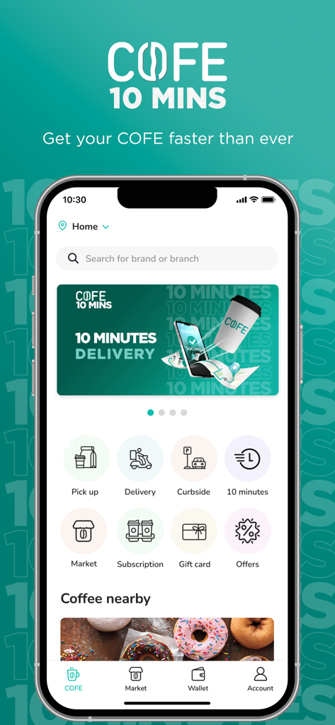 Interfaz de la aplicación móvil COFE que muestra opciones para pedir café como entrega a domicilio y recogida, con un banner de entrega en 10 minutos