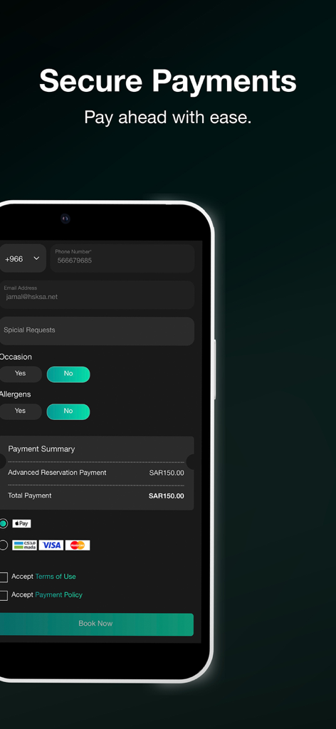 Un écran mobile montrant l'interface de paiement sécurisé de l'application Wddk pour les réservations de restaurant avec des options pour Apple Pay et Visa