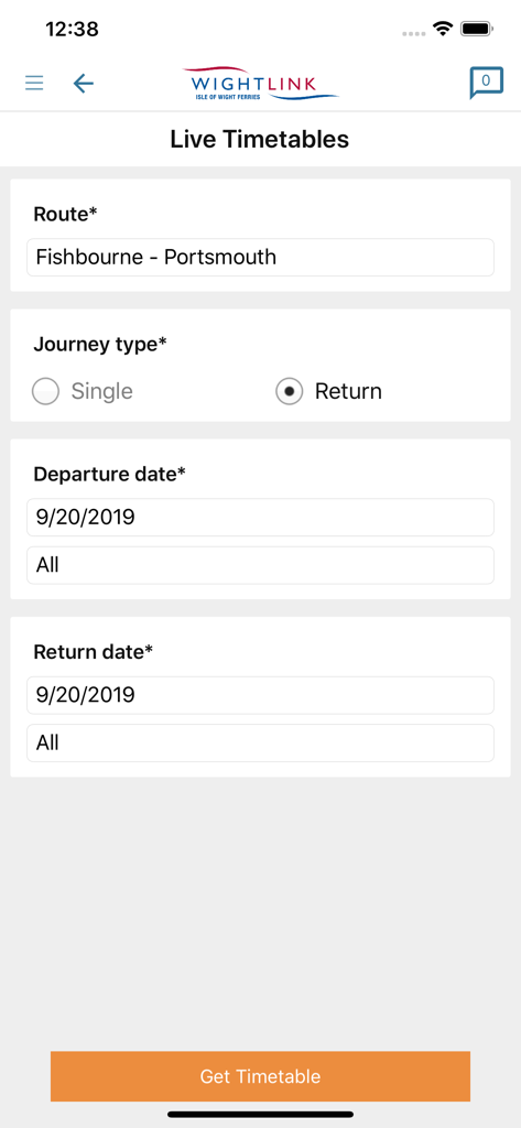 Live Timetables search screen on the Wightlink ferry app