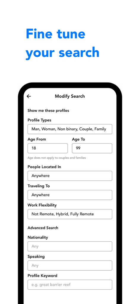 Screenshot of Fairytrail app search filters including profile type age location and work flexibility for finding travel buddies