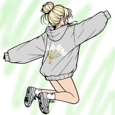 realistic girl jumping with a bun and oversized sweatshirt