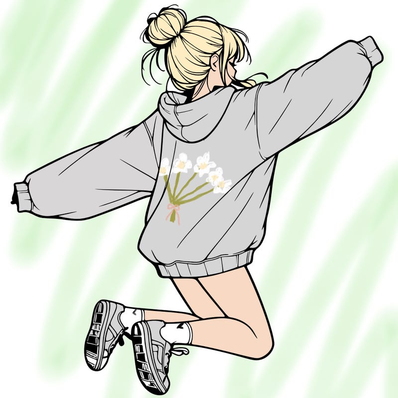 realistic girl jumping with a bun and oversized sweatshirt