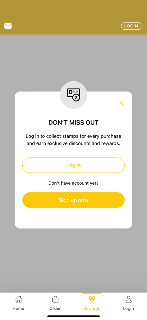 Middies Chippy - Middies Chippy app rewards screen encouraging users to log in or sign up to collect stamps and earn discounts