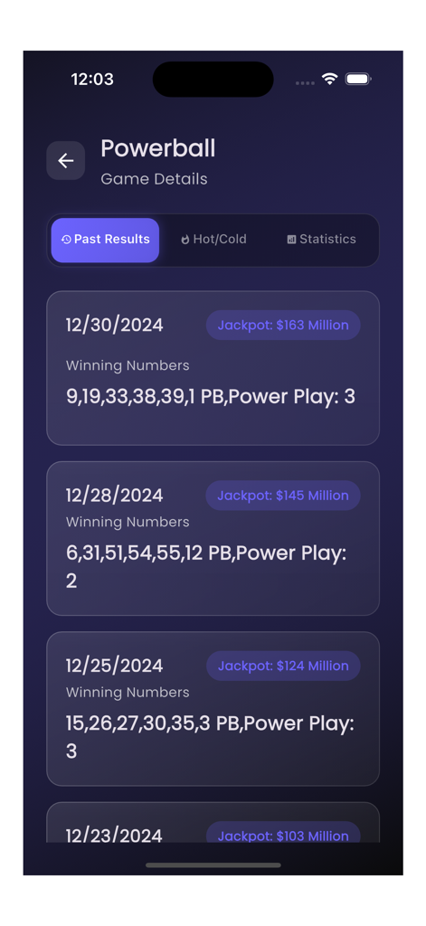 Lotto Result - Interfaz de la aplicación Lotto Result que muestra los números ganadores pasados de Powerball y los montos del jackpot