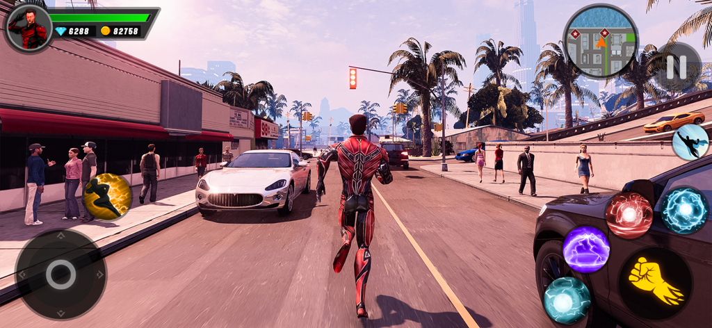 GT Gangster Monster Survival - Ein Charakter im roten Anzug rennt in einem Superhelden-Open-World-Simulationsspiel eine sonnenbeschienene Stadtstraße entlang.