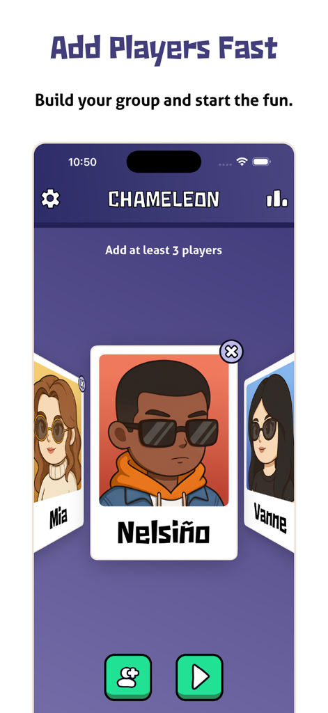 Player setup screen in the Imposter Game Chameleon app featuring character avatars