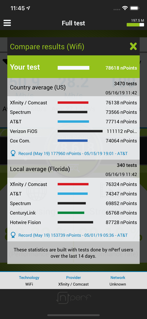 Pantalla de la aplicación nPerf que compara los resultados de la prueba de velocidad WiFi con los promedios de ISP nacionales y locales