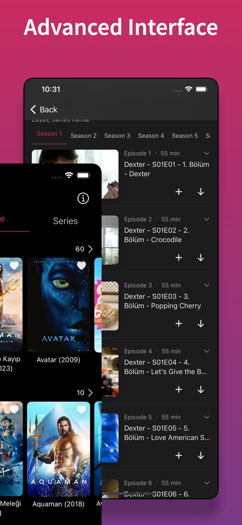King IPTV Pro advanced user interface showing movies and TV series
