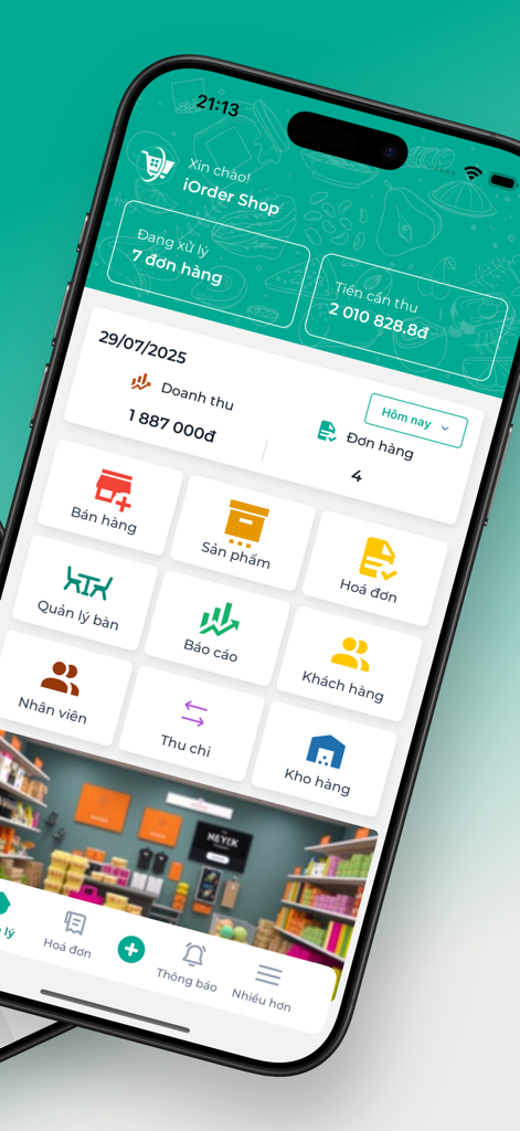 ShopNet - ShopNet mobile app dashboard in Vietnamese displaying business sales metrics and management icons