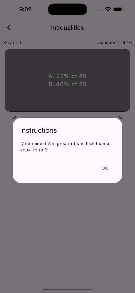 COGAT for Grade 7 & 8 - CogAT practice app showing an inequalities question for grade 7 and 8 with instructions on screen