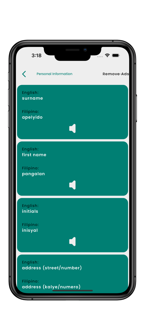 Mobile app screen showing Filipino translations for personal information terms like surname and first name with audio pronunciation icons