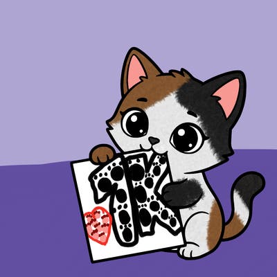 a small cat with a blank sheet of paper in its hand. the cat is sooooooo cute!