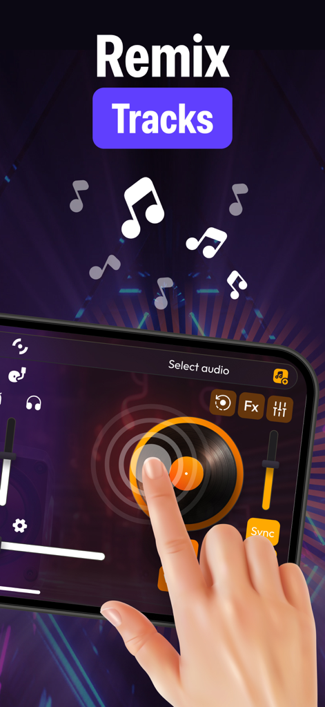 Dj Mixer: Virtual Music Maker - A hand interacting with a virtual turntable in the Dj Mixer app for music remixing