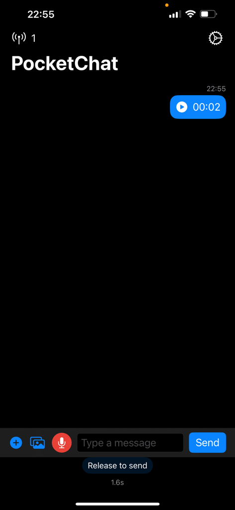 PeerTalk interface showing offline text and voice messaging in dark mode