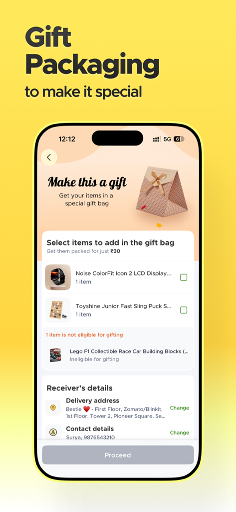 Blinkit: Groceries & more - Un'interfaccia mobile per l'app Blinkit che mostra le opzioni di confezionamento regalo e i dettagli di consegna del destinatario
