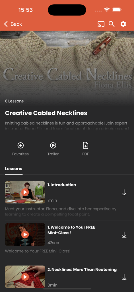 Craftsy app screen showing a knitting class on creative cabled necklines with a list of video lessons.