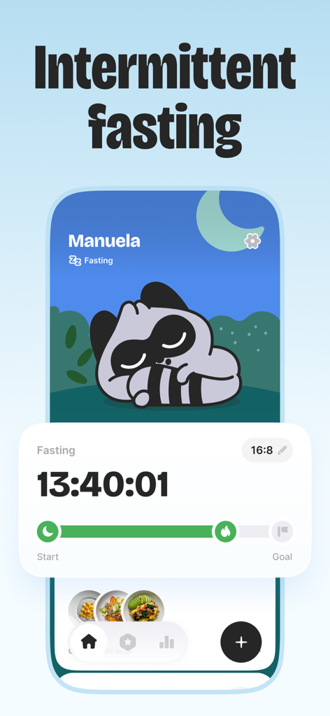 BitePal: Food Tracker Pet - A screenshot of the BitePal app featuring an intermittent fasting timer and a sleeping raccoon character.