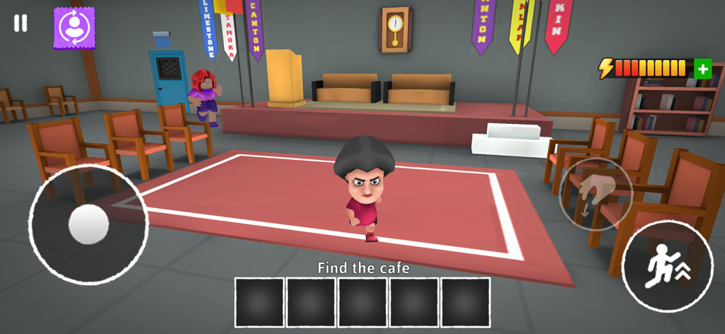 Gameplay screenshot of School Breakout showing a character in a school auditorium