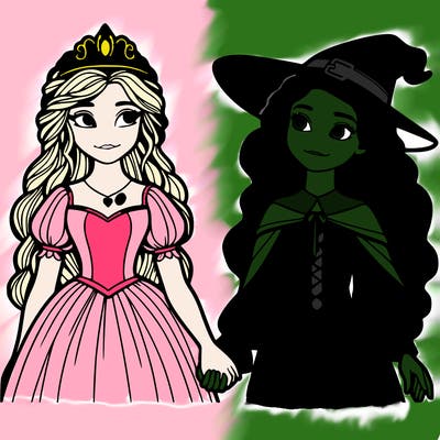 a princess and a witch holding hands realistic