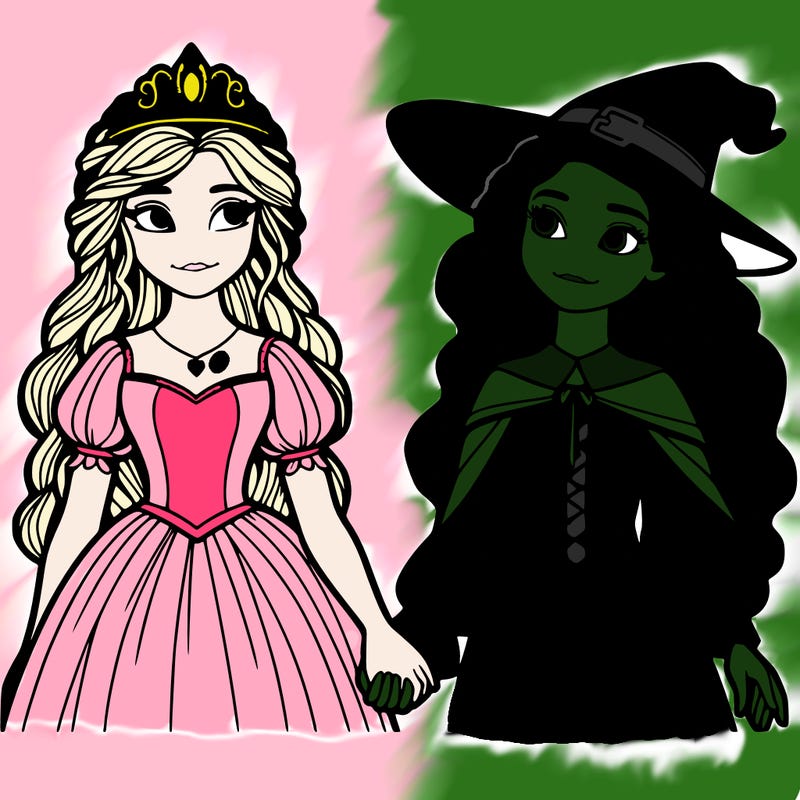 a princess and a witch holding hands realistic