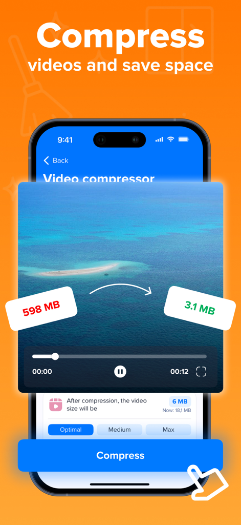 Interfaz de la función de compresión de video mostrando una reducción del tamaño del archivo de 598 MB a 3,1 MB.