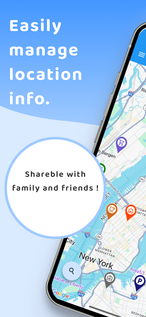 Uma captura de tela de aplicativo móvel para MyMap mostrando um mapa da cidade de Nova York com ícones de categoria personalizados e texto sobre como gerenciar e compartilhar informações de localização.