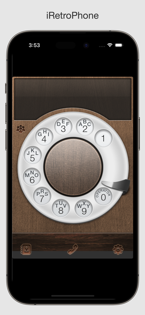 iRetroPhone - Rotary Dialer - A realistic wood-textured rotary phone dialer interface on a smartphone screen for the iRetroPhone app