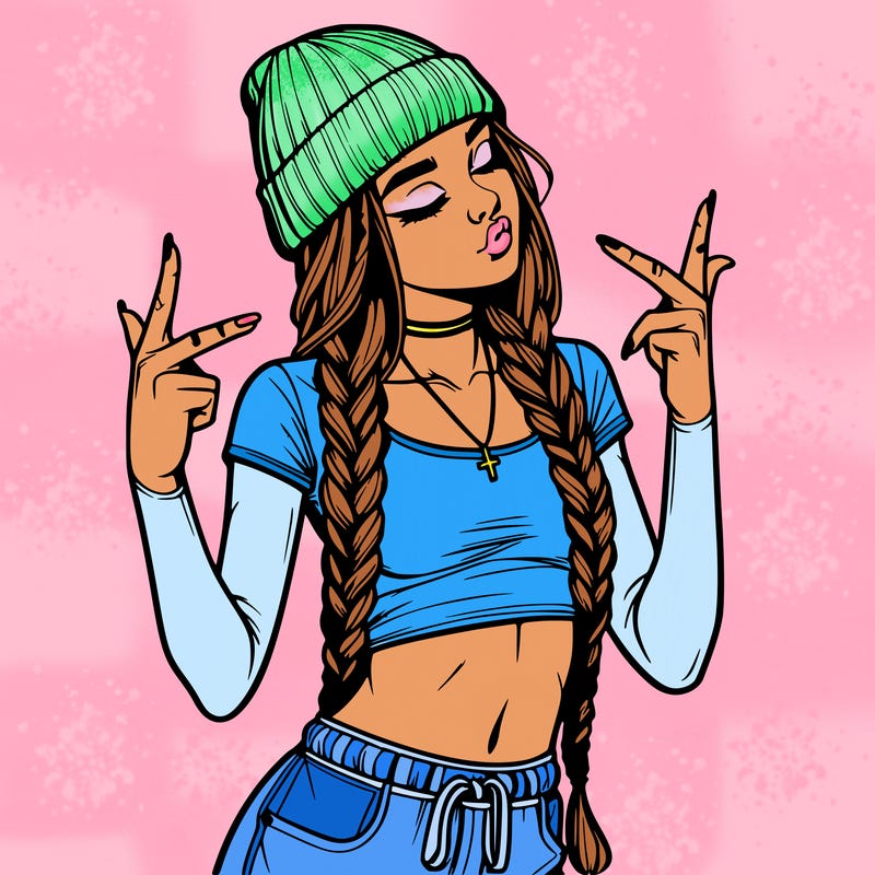realistic teenage girl with braids and a beanie and crop top doing 🫶🏼