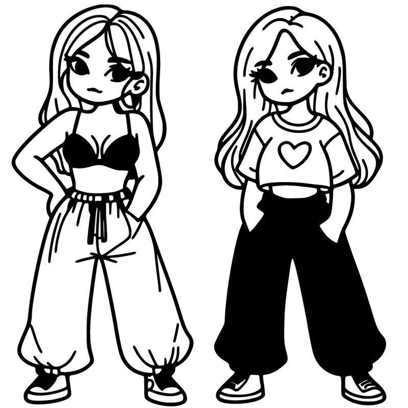 2 sisters the first is wearing a bra  and baggy pants  the 2nd is wearing black pants and a pink shirt with a heart on the shirt