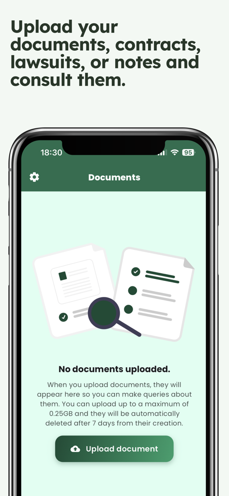 Interfaz de la aplicación Asistente Legal IA mostrando la pantalla de carga de documentos para contratos y demandas.