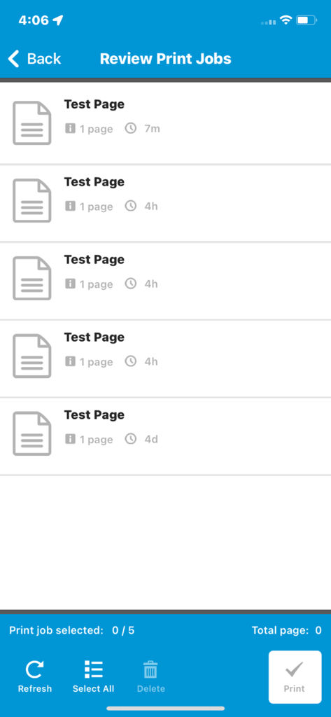 HP JetAdvantage Secure Print - Interfaz móvil que muestra una lista de documentos en la cola de impresión listos para su liberación segura