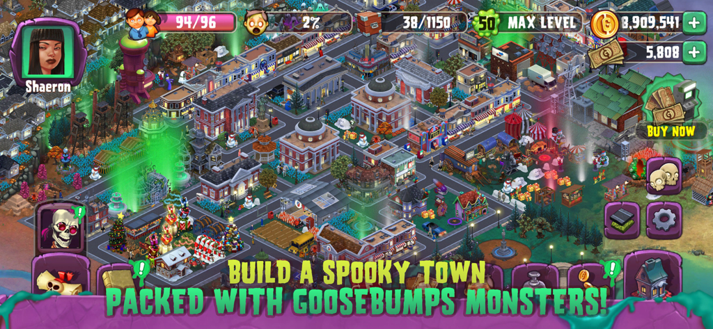 Goosebumps Horror Town - Top down view of a town in Goosebumps HorrorTown with spooky buildings and characters