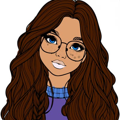 girl with long hair and freckles and glasses realistic