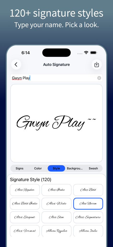 Signature Maker: Sign & Scan - Mobile app interface showing over 120 handwriting styles for creating an automated digital signature.