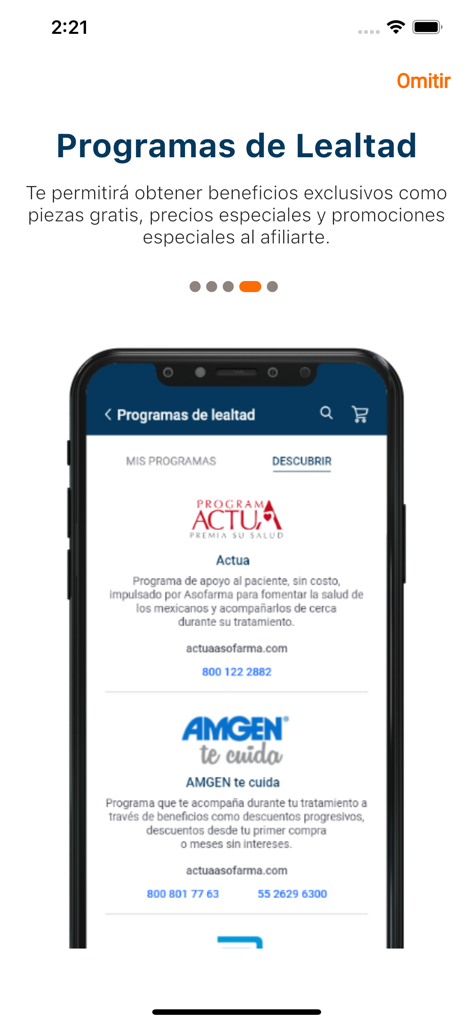 Farmacias Especializadas - Pantalla de programas de fidelización en la aplicación Farmacias Especializadas destacando el apoyo al paciente y los beneficios médicos