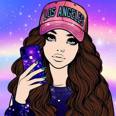 realistic beautiful girl wearing los ángeles cap holding an iphone
